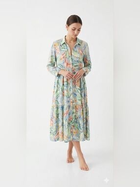 Zara Shirt Dress Maxi Floral Blue Green Boho Cottage Peasant L Flaw